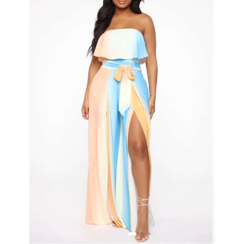 Fashion Nova 3X Jumpsuit Strapless Ruffle‎ Ombre Wide Leg Split Pants Resort